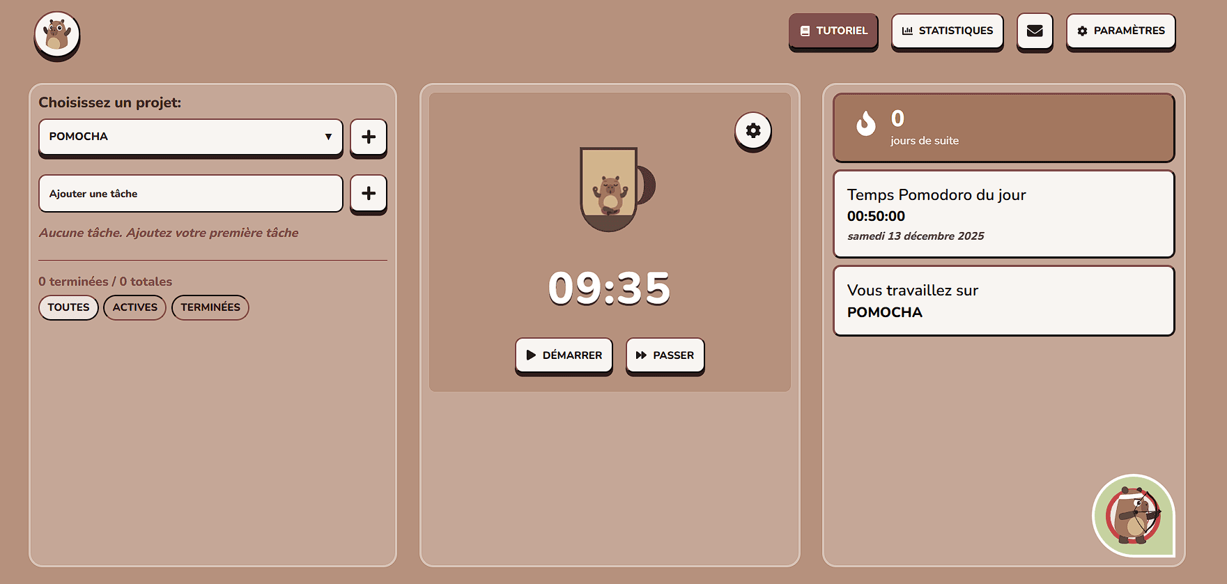 Application Pomocha - Vue desktop