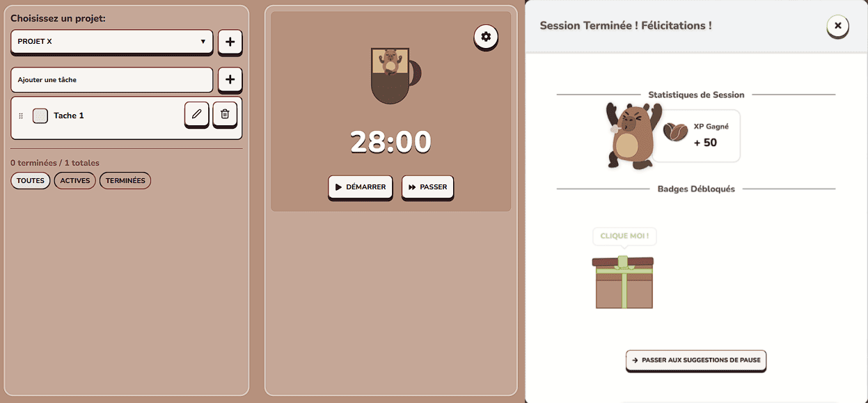 Interface du timer Pomodoro
